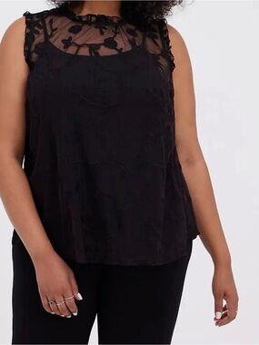 Torrid Black Sheer Mesh Embroidered Ruffle Sleeveless Blouse- Size 1 (1x) NWT